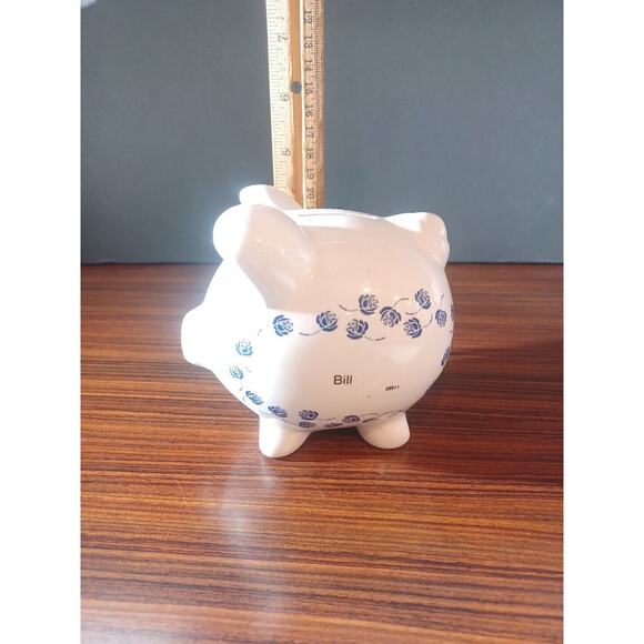 Ceramic Coin Bank Pig "Bill" & 65 Roses Collection Blue & White - Picture 7 of 10